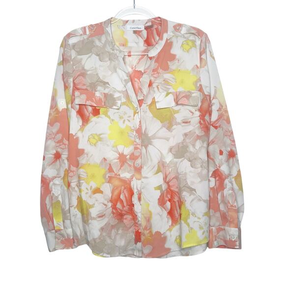 CALVIN KLEIN Abstract Floral-Print Roll-Tab Blouse Button Up Multi Womens Size L - Picture 7 of 7